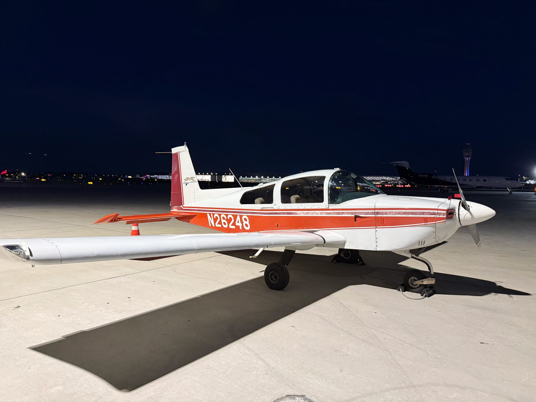 N26248 parked on the ramp at night